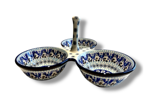 B34 Bunzlau drie vaks schaal met handvat (oog) 1026X Overige Schalen